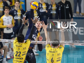 Donovan Dzavoronok of Rana Verona attacks during the match between Rana Verona and Valsa Group Modena in the regular season of the SuperLega...