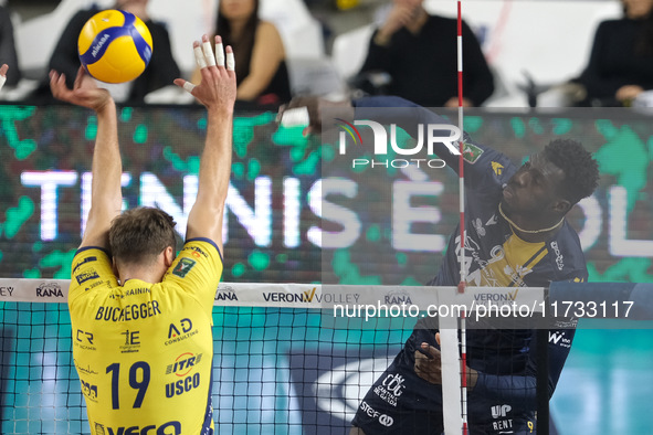 Noumory Keita of Rana Verona attacks during the match between Rana Verona and Valsa Group Modena in the regular season of the SuperLega Ital...