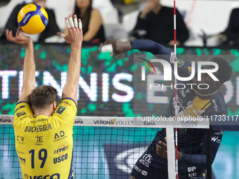 Noumory Keita of Rana Verona attacks during the match between Rana Verona and Valsa Group Modena in the regular season of the SuperLega Ital...