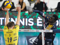 Noumory Keita of Rana Verona attacks during the match between Rana Verona and Valsa Group Modena in the regular season of the SuperLega Ital...