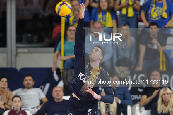 Lorenzo Cortesia of Rana Verona serves during the match between Rana Verona and Valsa Group Modena in the regular season of the SuperLega It...