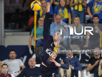 Lorenzo Cortesia of Rana Verona serves during the match between Rana Verona and Valsa Group Modena in the regular season of the SuperLega It...