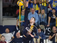 Lorenzo Cortesia of Rana Verona serves during the match between Rana Verona and Valsa Group Modena in the regular season of the SuperLega It...