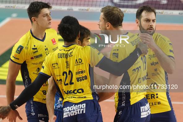 The Valsa Group Modena team celebrates after scoring a point during the match between Rana Verona and Valsa Group Modena in the regular seas...