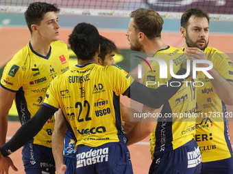 The Valsa Group Modena team celebrates after scoring a point during the match between Rana Verona and Valsa Group Modena in the regular seas...