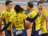 The Valsa Group Modena team celebrates after scoring a point during the match between Rana Verona and Valsa Group Modena in the regular seas...