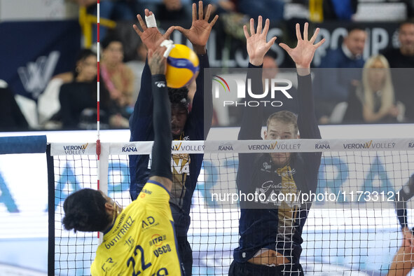 Noumory Keita of Rana Verona blocks during the match between Rana Verona and Valsa Group Modena in the regular season of the SuperLega Itali...