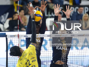 Noumory Keita of Rana Verona blocks during the match between Rana Verona and Valsa Group Modena in the regular season of the SuperLega Itali...