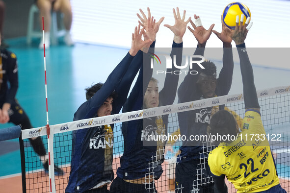 Noumory Keita of Rana Verona and Lorenzo Cortesia of Rana Verona block during the match between Rana Verona and Valsa Group Modena in the re...