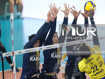 Noumory Keita of Rana Verona and Lorenzo Cortesia of Rana Verona block during the match between Rana Verona and Valsa Group Modena in the re...