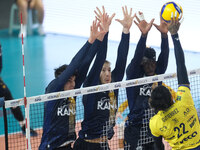 Noumory Keita of Rana Verona and Lorenzo Cortesia of Rana Verona block during the match between Rana Verona and Valsa Group Modena in the re...