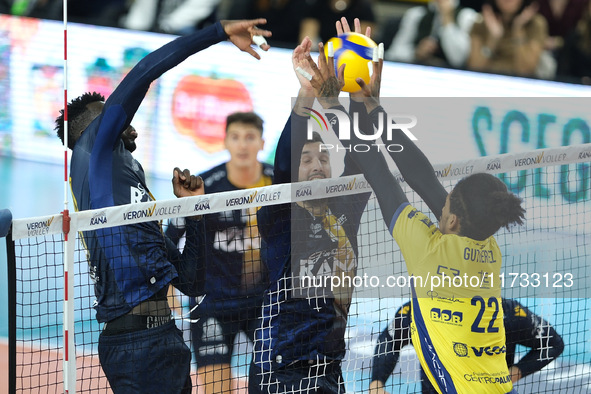 Konstantin Abaev blocks for Rana Verona during the match between Rana Verona and Valsa Group Modena in the regular season of the SuperLega I...