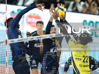 Konstantin Abaev blocks for Rana Verona during the match between Rana Verona and Valsa Group Modena in the regular season of the SuperLega I...