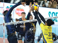 Konstantin Abaev blocks for Rana Verona during the match between Rana Verona and Valsa Group Modena in the regular season of the SuperLega I...