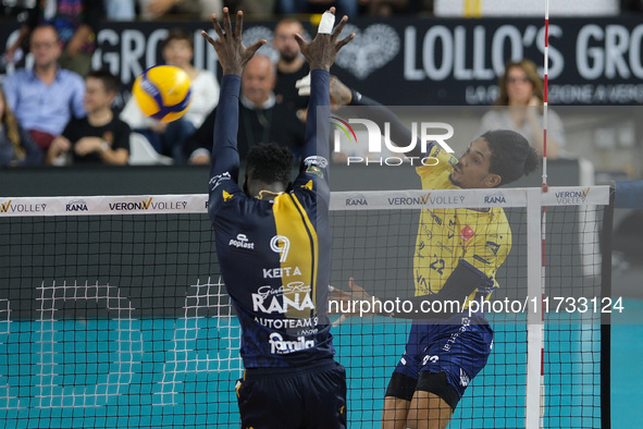 Jose Miguel Gutierrez of Valsa Group Modena spikes the ball during the match between Rana Verona and Valsa Group Modena in the regular seaso...