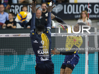 Jose Miguel Gutierrez of Valsa Group Modena spikes the ball during the match between Rana Verona and Valsa Group Modena in the regular seaso...