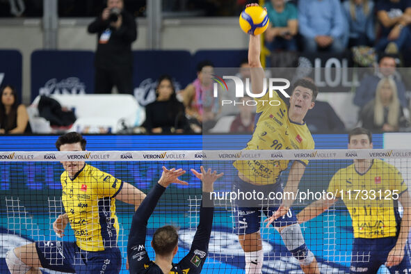 Tommaso Rinaldi of Valsa Group Modena attacks during the match between Rana Verona and Valsa Group Modena in the regular season of the Super...