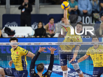 Tommaso Rinaldi of Valsa Group Modena attacks during the match between Rana Verona and Valsa Group Modena in the regular season of the Super...