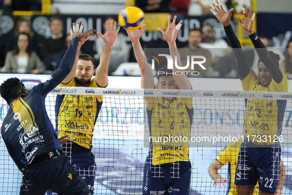 Paul Buchegger of Valsa Group Modena and Tommaso Rinaldi of Valsa Group Modena block during the match between Rana Verona and Valsa Group Mo...