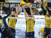 Paul Buchegger of Valsa Group Modena and Tommaso Rinaldi of Valsa Group Modena block during the match between Rana Verona and Valsa Group Mo...