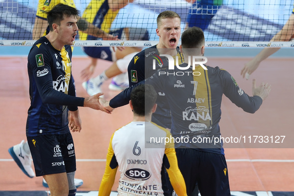 Donovan Dzavoronok of Rana Verona celebrates after scoring a point during the match between Rana Verona and Valsa Group Modena in the regula...