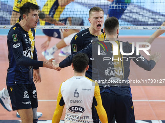 Donovan Dzavoronok of Rana Verona celebrates after scoring a point during the match between Rana Verona and Valsa Group Modena in the regula...