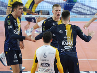 Donovan Dzavoronok of Rana Verona celebrates after scoring a point during the match between Rana Verona and Valsa Group Modena in the regula...