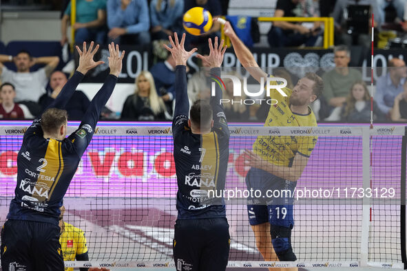 Paul Buchegger of Valsa Group Modena participates in the match between Rana Verona and Valsa Group Modena during the regular season of the S...