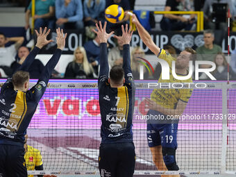 Paul Buchegger of Valsa Group Modena participates in the match between Rana Verona and Valsa Group Modena during the regular season of the S...