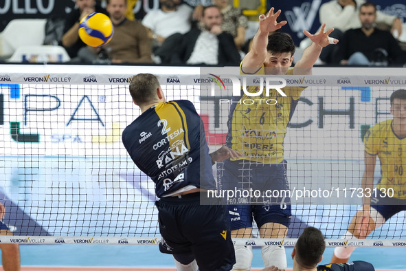 Giovanni Sanguinetti of Valsa Group Modena blocks during the match between Rana Verona and Valsa Group Modena in the regular season of the S...