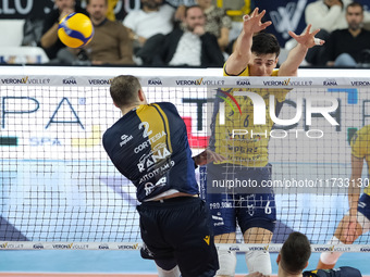 Giovanni Sanguinetti of Valsa Group Modena blocks during the match between Rana Verona and Valsa Group Modena in the regular season of the S...