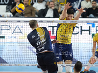 Giovanni Sanguinetti of Valsa Group Modena blocks during the match between Rana Verona and Valsa Group Modena in the regular season of the S...