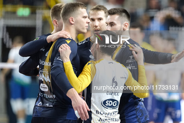 The Rana Verona team celebrates after scoring a point during the match between Rana Verona and Valsa Group Modena in the regular season of t...