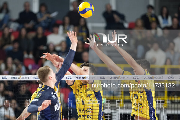 Giovanni Sanguinetti of Valsa Group Modena blocks during the match between Rana Verona and Valsa Group Modena in the regular season of the S...