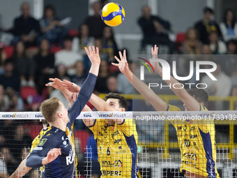 Giovanni Sanguinetti of Valsa Group Modena blocks during the match between Rana Verona and Valsa Group Modena in the regular season of the S...