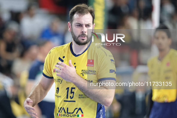 Luciano De Cecco of Valsa Group Modena participates in the match between Rana Verona and Valsa Group Modena during the regular season of the...