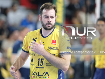 Luciano De Cecco of Valsa Group Modena participates in the match between Rana Verona and Valsa Group Modena during the regular season of the...