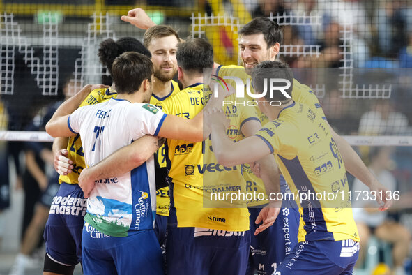 The Valsa Group Modena team celebrates after scoring a point during the match between Rana Verona and Valsa Group Modena in the regular seas...