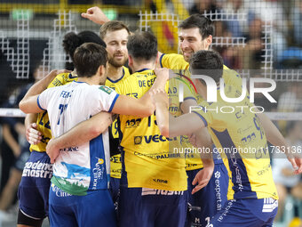 The Valsa Group Modena team celebrates after scoring a point during the match between Rana Verona and Valsa Group Modena in the regular seas...