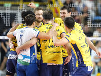 The Valsa Group Modena team celebrates after scoring a point during the match between Rana Verona and Valsa Group Modena in the regular seas...