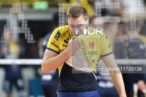 Paul Buchegger of Valsa Group Modena plays during the match between Rana Verona and Valsa Group Modena in the regular season of the SuperLeg...