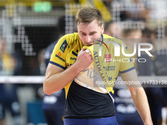 Paul Buchegger of Valsa Group Modena plays during the match between Rana Verona and Valsa Group Modena in the regular season of the SuperLeg...