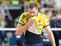 Paul Buchegger of Valsa Group Modena plays during the match between Rana Verona and Valsa Group Modena in the regular season of the SuperLeg...