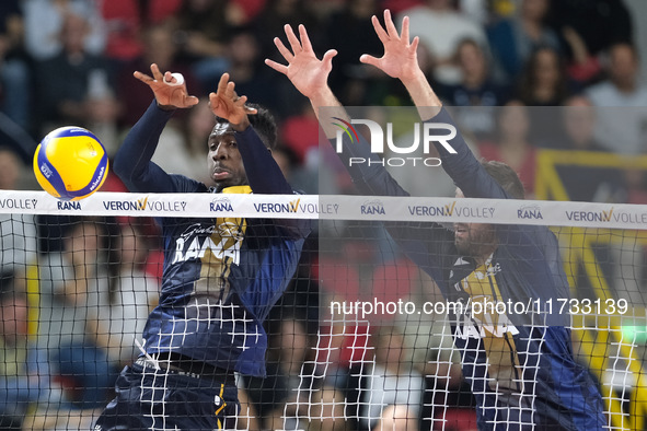 Noumory Keita of Rana Verona blocks during the match between Rana Verona and Valsa Group Modena in the regular season of the SuperLega Itali...