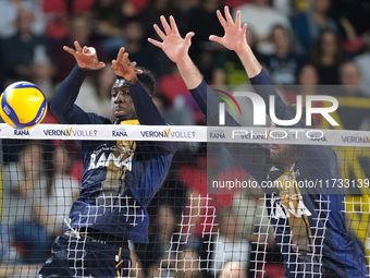 Noumory Keita of Rana Verona blocks during the match between Rana Verona and Valsa Group Modena in the regular season of the SuperLega Itali...