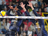 Noumory Keita of Rana Verona blocks during the match between Rana Verona and Valsa Group Modena in the regular season of the SuperLega Itali...