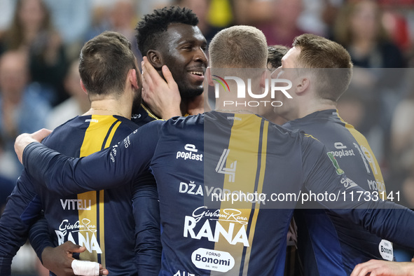 The Rana Verona team celebrates after scoring a point during the match between Rana Verona and Valsa Group Modena in the regular season of t...