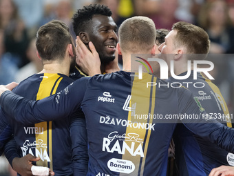 The Rana Verona team celebrates after scoring a point during the match between Rana Verona and Valsa Group Modena in the regular season of t...