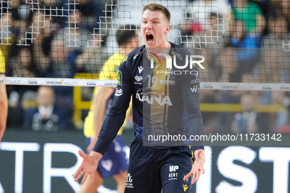 Rok Mozic of Rana Verona celebrates after scoring a point during the match between Rana Verona and Valsa Group Modena, regular season of the...