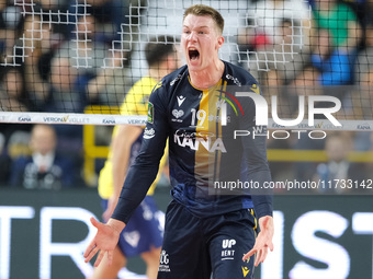 Rok Mozic of Rana Verona celebrates after scoring a point during the match between Rana Verona and Valsa Group Modena, regular season of the...